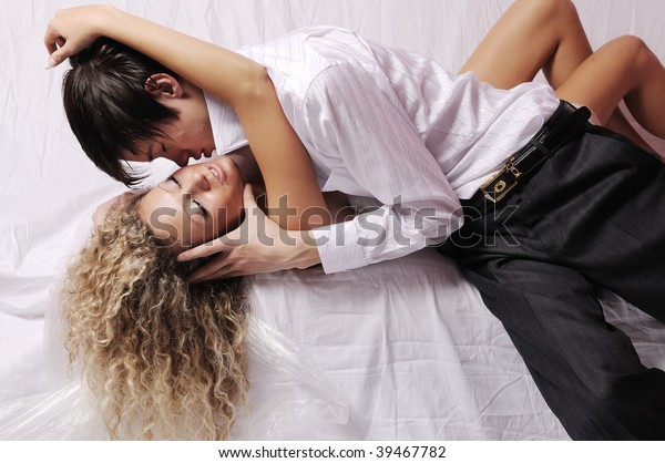 Boyfriend Kissing Her Girlfriend Bed White Stock Photo ...