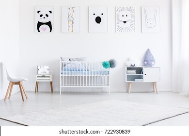 Boy's Bed Between White Cabinet And Violet Tear Pillow On Cupboard In Bedroom With Gallery