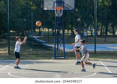 Boys engage in an outdoor basketball training session led by a coach, practicing techniques and building teamwork. The coach instructs them in skills, fostering discipline and fitness in a fun setting - Powered by Shutterstock