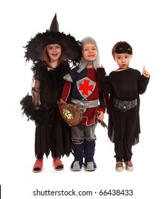 The Boys And Girl Wearing Witch Halloween Costume On White