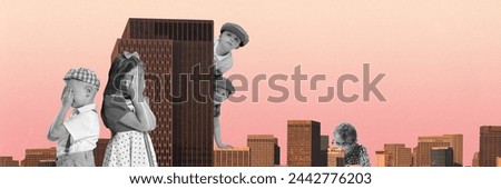 Boys and girls, little children playing hide and seek between city skyscrapers with sunset sky. Contemporary art collage. Concept of architecture, retro and vintage, childhood, leisure and fun