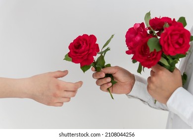 boy's hand hold bouquet of red roses and gives one rose to girl, white background, copyspace, valentines and love concept