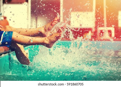 Boys Legs Splashing Water In Pool, Summer Holiday Vintage