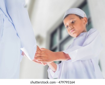 Boys Make Greeting By Muslim Style Handshake In Ceremony Events, EID MUBARAK