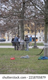 Boys Play Sports In Prato Della Valle After School, Padua Italy On February 4, 2022