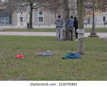 Boys Play Sports In Prato Della Valle After School, Padua Italy On February 4, 2022