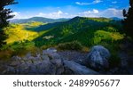 Bozeman Hiking Trail Summer Landscape from Drinking Horse Mountain Trail Hilltop in Montana: The Beautiful Green Mountain of the Northern Rocky Mountains, USA