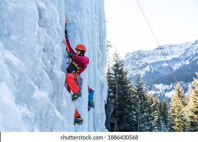 Bozeman, Montana United States December, 30 2019 Ice climbers climbing frozen waterfalls in Hyalite Canyon