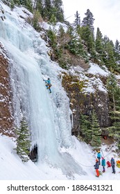 Bozeman, Montana United States December, 30 2019 Ice climbers climbing frozen waterfalls in Hyalite Canyon