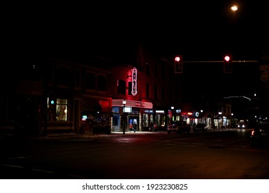 Bozeman, Montana, USA- January 18th 2021: Historic Rialto Theater in downtown Bozeman with its neon sign illuminated at night 