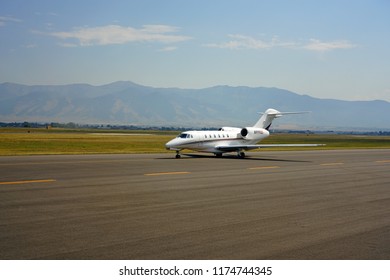 BOZEMAN, MT -7 SEP 2018- View Of A Private Jet Plane At The Bozeman Yellowstone International Airport (BZN), In Gallatin County, Montana Near Yellowstone National Park.