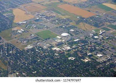 BOZEMAN, MT -7 SEP 2018- Aerial view of the city of Bozeman and the campus of Montana State University (MSU) in Gallatin County, Montana near Yellowstone National Park.