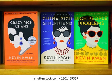 BOZEMAN, MT -7 SEP 2018- View of the three books from the Crazy Rich Asians trilogy by Kevin Kwan in a bookstore. It was made into a movie in 2018.