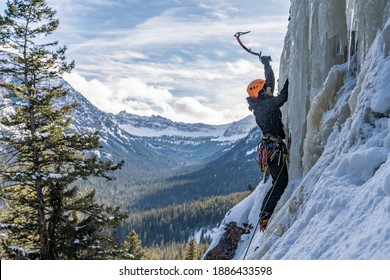 Bozeman, MT USA December, 30 2019 Ice climbers climbing frozen waterfalls in Hyalite Canyon 
