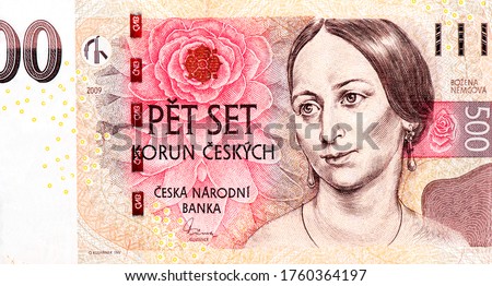 Bozena Nemcova, famous czech writer portrait. Pink rose blossom. Czech writer Bozena Nemcova (Barbora Pankel - Panklova) (1820 - 1862). Portrait from Czech Republic 500 Korun 2009 Banknotes 