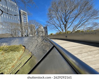 The BP Pedestrian Bridge, or BP Bridge, located in the Loop community area of ​​Chicago.
