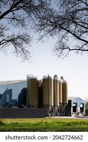 BRABANT, NETHERLANDS - APRIL 15 2021: Huge Modern Farm (a Concentrated Animal Feeding Operation) For Fattening Pigs In The Netherlands With A Lot Of Feed Silos In Front Of The Building