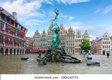 Brabo fountain on market square, center of Antwerp, Belgium