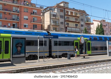 Bracciano, Italy - July 22, 2019: Bracciano Railway Station Signage. Bracciano Is A Small Town In The Italian Region Of Lazio, Famous For Its Volcanic Lake And The Castle Castello Orsini - Odescalchi