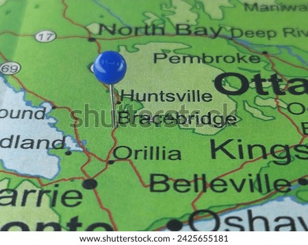Bracebridge, Ontario marked by a blue map tack. The town of Bracebridge is the seat of the Muskoka District Municipality in Ontario, Canada