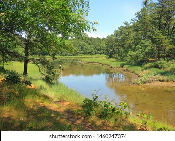 Brackish Estuary Separates The Towns Of Yarmouth And Dennis On The Bass River In Cape Cod,Massachusetts. Near The Cape Cod Rail Trail Bicycle Bridge.