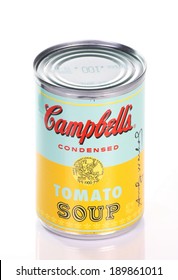 BRACKNELL, ENGLAND - APRIL 29, 2014: Limited Edition Can Of Campbell's Tomato Soup Produced In Collaboration With The Andy Warhol Foundation To Commemorate His Artwork Series, Campbell's Soup Cans