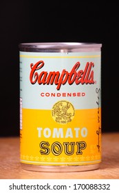 BRACKNELL, ENGLAND - JANUARY 07, 2014: Limited Edition Can Of Campbell's Tomato Soup Produced In Collaboration With The Andy Warhol Foundation To Commemorate His Artwork Series, Campbell's Soup Cans