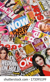 Bracknell, United Kingdom - January 27, 2014: A Selection Of Celebrity News, Gossip And Entertainment Magazines On Sale In The United Kingdom On January 27th, 2014