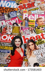 Bracknell, United Kingdom - January 28, 2014: A Selection Of Celebrity News, Gossip And Entertainment Magazines On Sale In The United Kingdom On January 28th, 2014