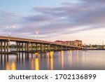 Bradenton, Florida, USA downtown on the Manatee River at dusk.