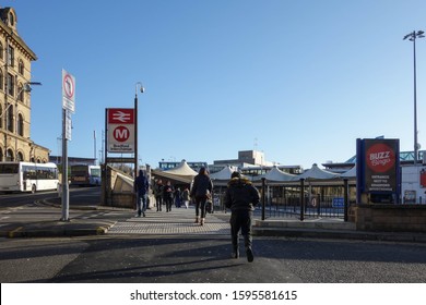 BRADFORD, ENGLAND - DECEMBER 9, 2019: People In Front Of Bradford Interchange, England