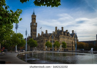 Bradford/ United Kingdom - Feb2020: Bradford townhall, beautiful scenic view of the city on a sunny day in UK in the morning