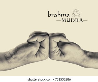 Brahma Mudra. Yogic Hand Gesture. Isolated On Toned Background, Black And White.