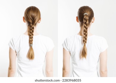 Braid hair different style. Back rear view woman braided hairstyles isolated on white background copy space. Health care beautycare concept. Healthy blonde natural easy-making casual plaits.