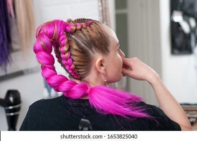 Braided Colored Braids With Kanekalon On A Woman In Profile Close-up