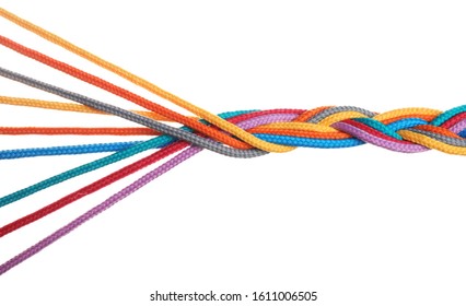 Braided colorful ropes isolated on white. Unity concept