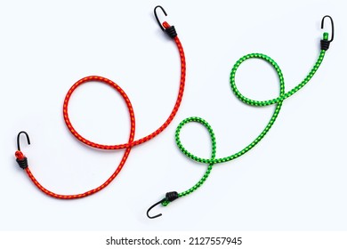 Braided Elastic Strap With Hooks On White Background.