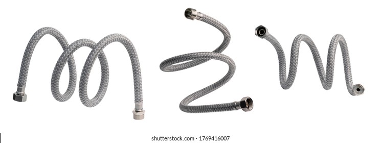 Braided flexible nylon polymer hose. Set of hoses twisted in different shapes. Isolated on a white background.