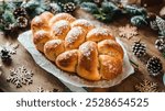 Braided Sweet Bread: A braided loaf dusted with powdered sugar, surrounded by pine branches and festive decor, creating a cozy holiday atmosphere.