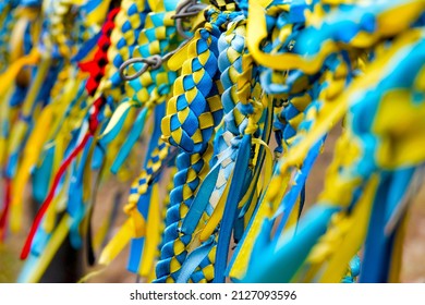 Braided Ukrainian flags in the Euromaidan Memorial, Kiev, Ukraine - Shutterstock ID 2127093596