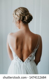 Braided Wedding Hair, Open Back Wedding Dress, Detail Shot, White Background 