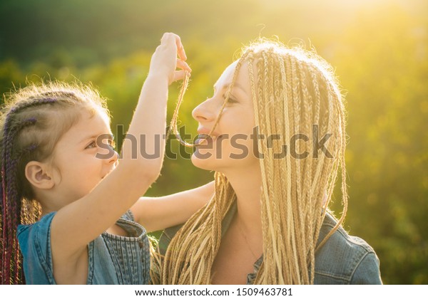 Braiding Hair Little Daughter Hugging Her Stock Photo Edit Now