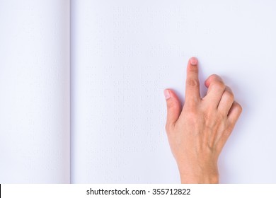 Braille Book With Visual Impaired, Low Vision, Blind Person's Hand/ Finger Touching Paper Texture Reading The Sign