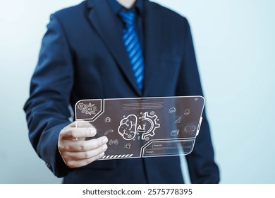 Brain AI Artificial intelligence concept, Digital AI brain screen icon displayed in front of businessman., AI machinery learning and bigdata from technology, AI Chatbot