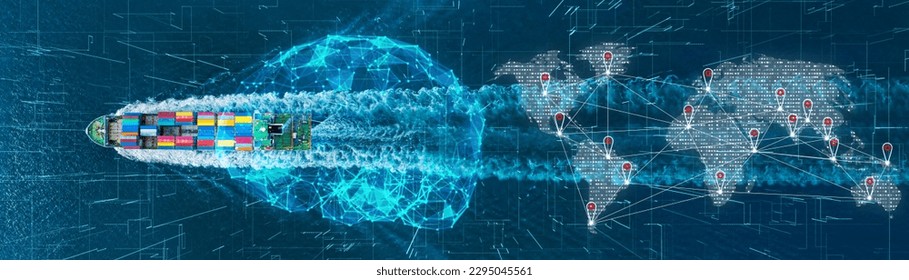 Brain AI with Automatic Technology Cargo Container Ship Futuristic Global Logistics connection international delivery concept, World map logistic and supply chain network distribution container