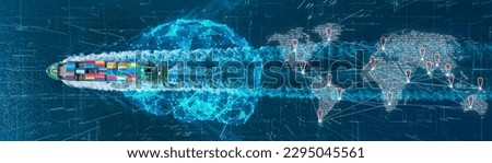 Brain AI with Automatic Technology Cargo Container Ship Futuristic Global Logistics connection international delivery concept, World map logistic and supply chain network distribution container