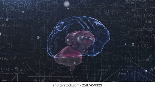 Brain anatomy and mathematical equations image over dark background. Neuroscience, mathematics, science, technology, education, data