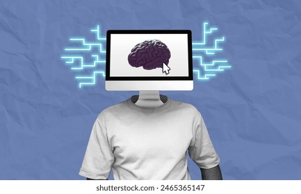 Brain computer interface concept collage art. Using technology to enhance brain performance and to help physical activities.
