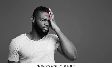 Brain diseases problem cause chronic severe headache. Young black man tired and stressed, having mental problem trouble, medical concept