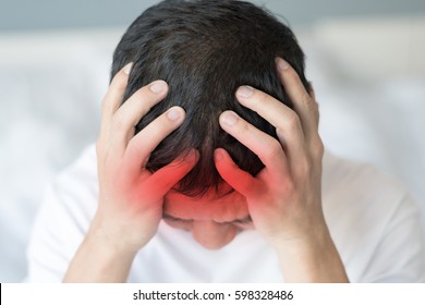 Brain Diseases Problem Cause  Chronic Severe Headache Migraine. Male Adult Look Tired And Stressed Out Depressed, Having Mental Problem Trouble, Medical Concept
